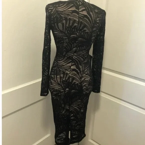 Bebe Black Lace Dress Tan Underlining Low Cut V-Neck Longsleeve lace sleeves XXS - Picture 2 of 14